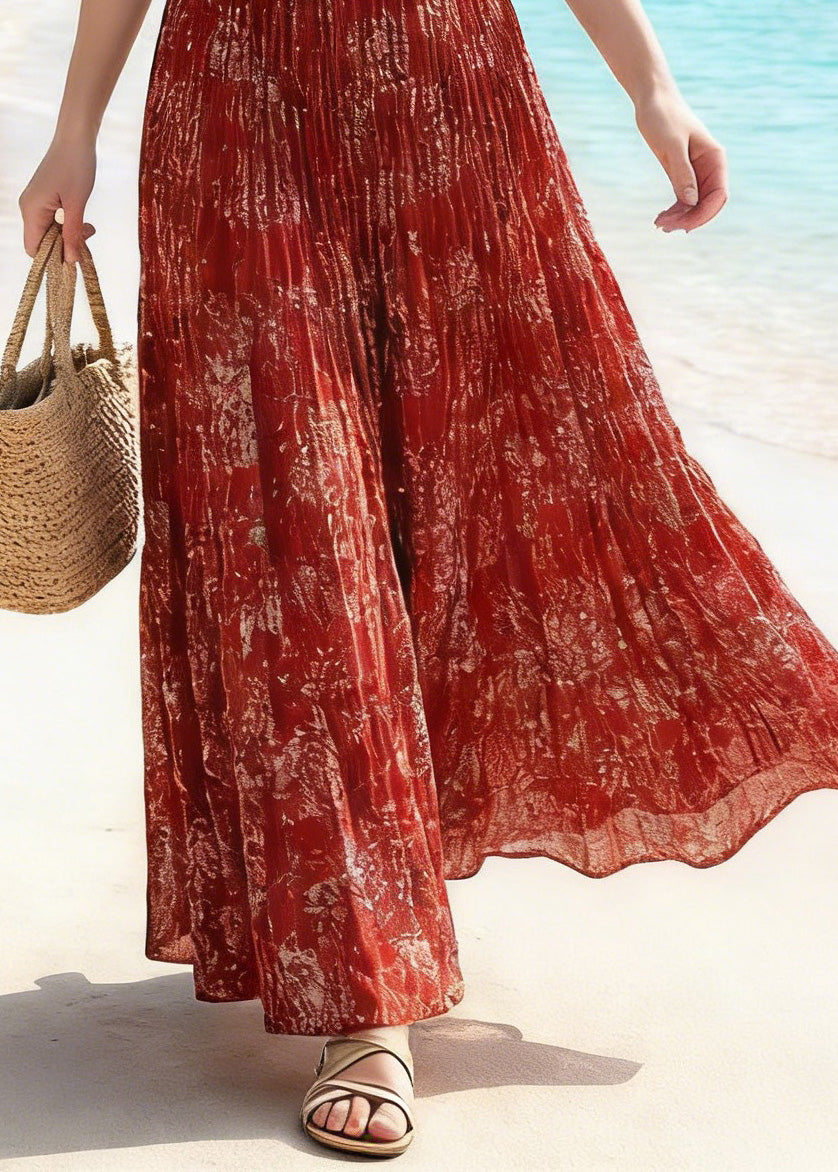 Stylish Red Wrinkled Print Chiffon Skirts Summer