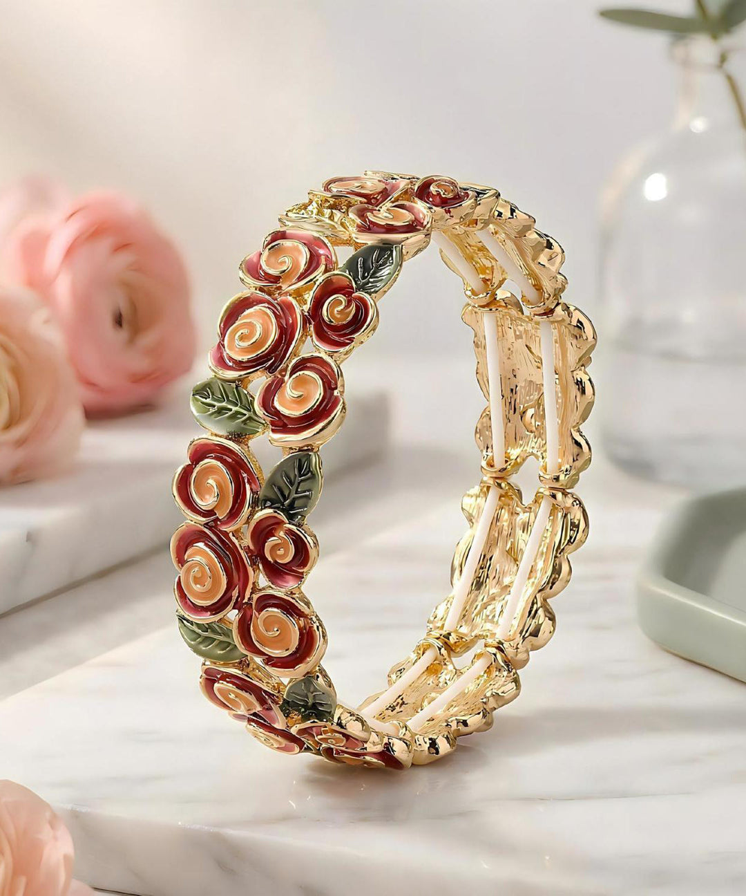 Stylish Rose Alloy Hollow Out Floral Enamel Bangle