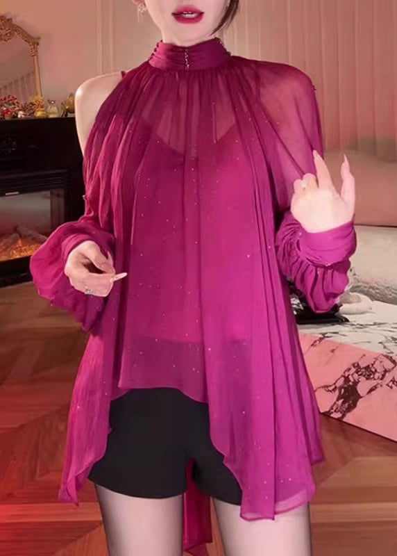 Stylish Rose Cold Shoulder Lace Up Chiffon Shirt Fall