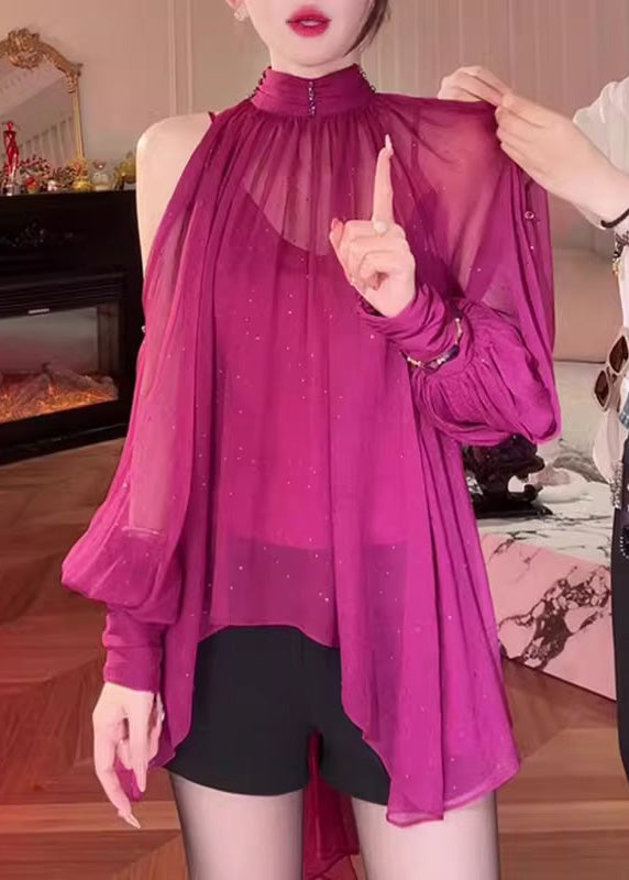 Stylish Rose Cold Shoulder Lace Up Chiffon Shirt Fall