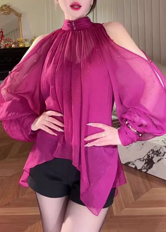 Stylish Rose Cold Shoulder Lace Up Chiffon Shirt Fall