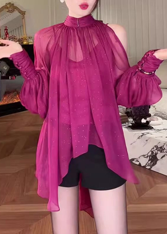 Stylish Rose Cold Shoulder Lace Up Chiffon Shirt Fall