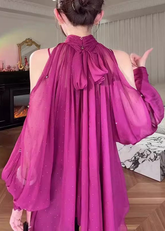 Stylish Rose Cold Shoulder Lace Up Chiffon Shirt Fall