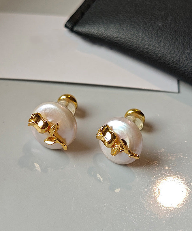 Stylish Rose Copper Baroque Pearl Stud Earrings