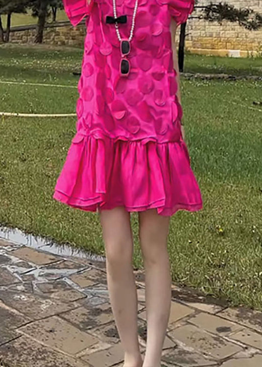 Stylish Rose O Neck Petal Patchwork Chiffon Dress Butterfly Sleeve