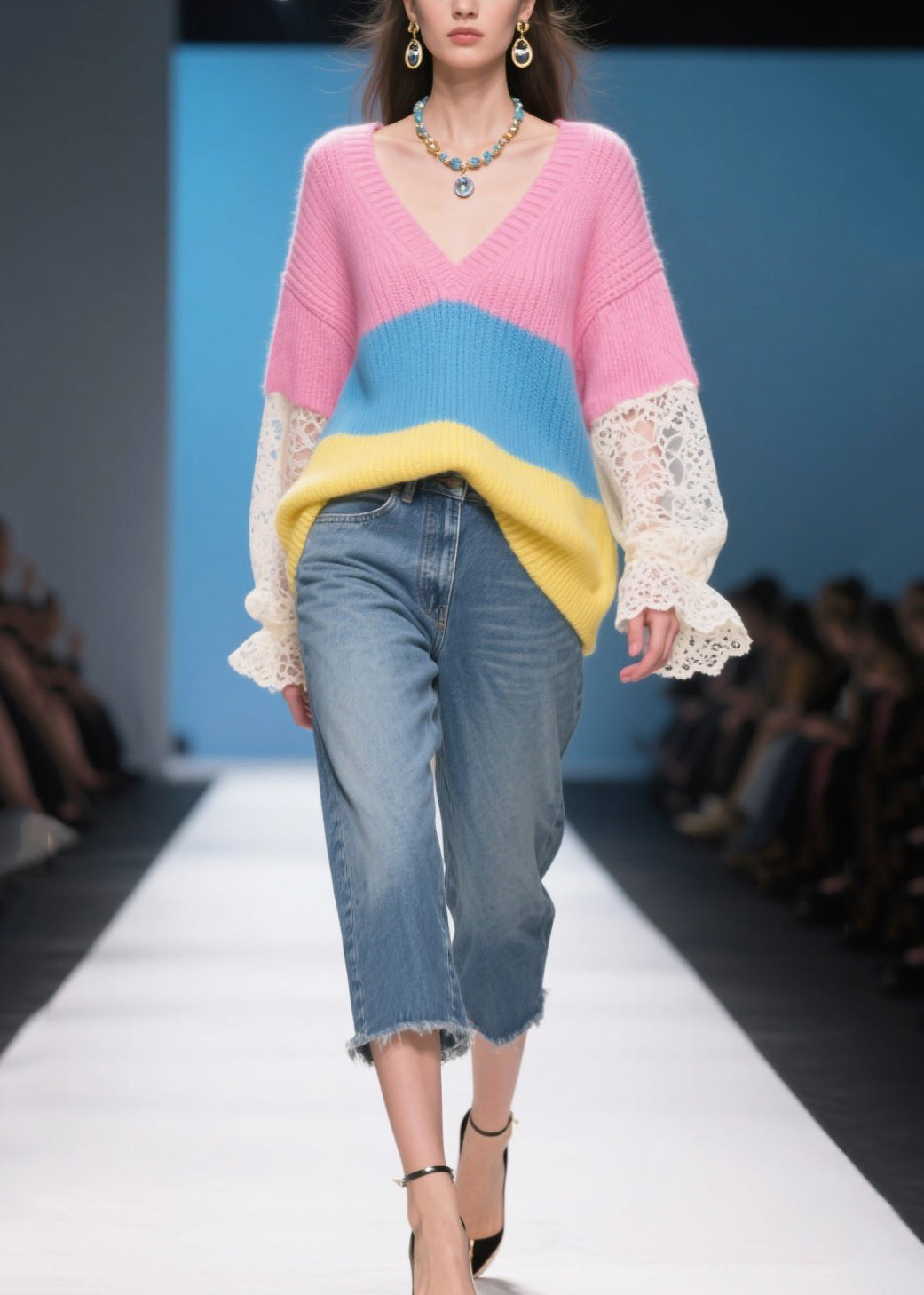 Stylish Rose Oversized Patchwork Lace Knit Pullover Fall