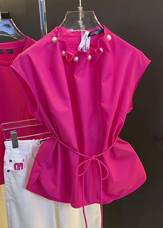 Stylish Rose Pearl Tie Waist Cotton Tops Summer