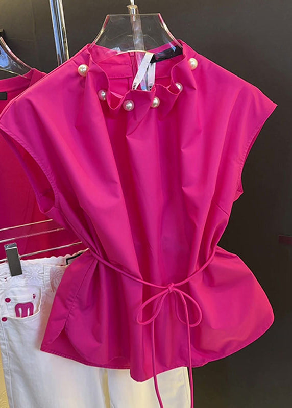Stylish Rose Pearl Tie Waist Cotton Tops Summer