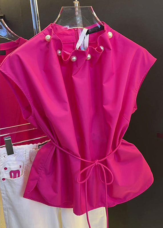 Stylish Rose Pearl Tie Waist Cotton Tops Summer
