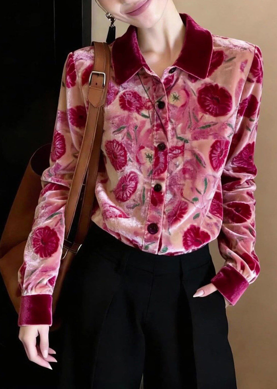 Stylish Rose Peter Pan Collar Print Silk Velour Shirt Top Spring
