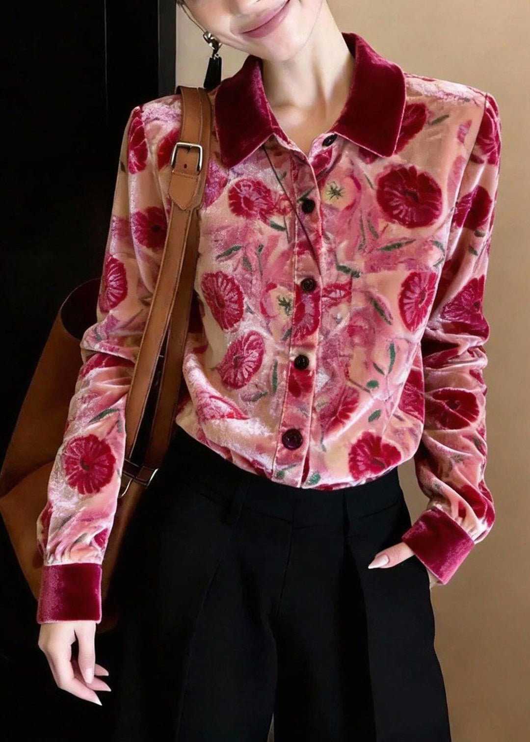 Stylish Rose Peter Pan Collar Print Silk Velour Shirt Top Spring