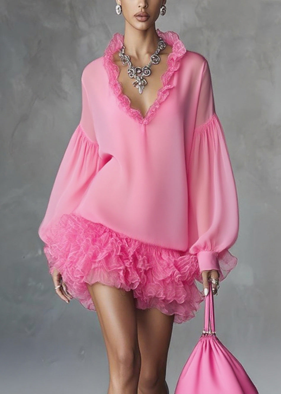 Stylish Rose Ruffled Patchwork Chiffon Mini Dresses Spring - Omychic