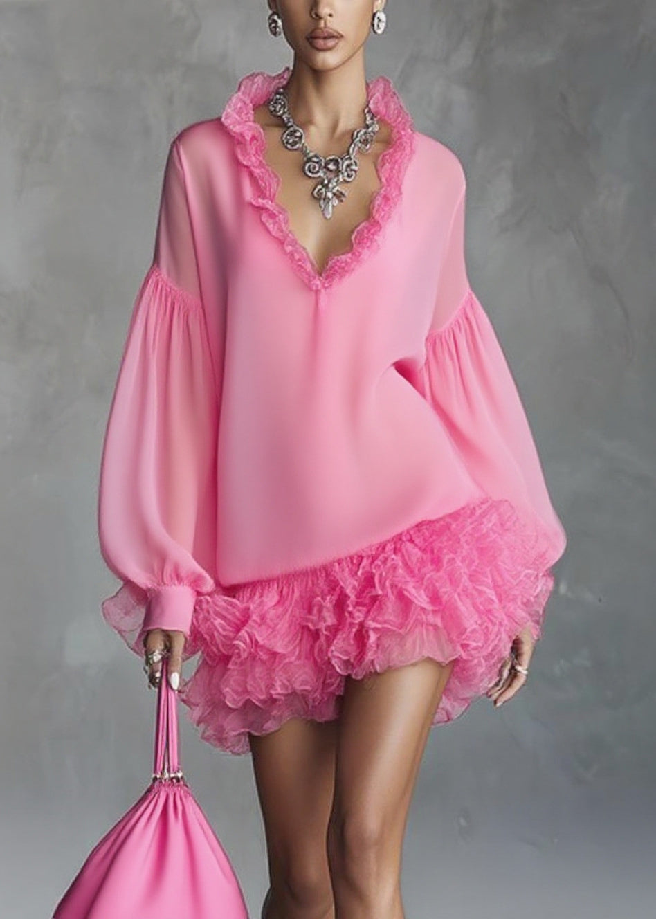 Stylish Rose Ruffled Patchwork Chiffon Mini Dresses Spring - Omychic