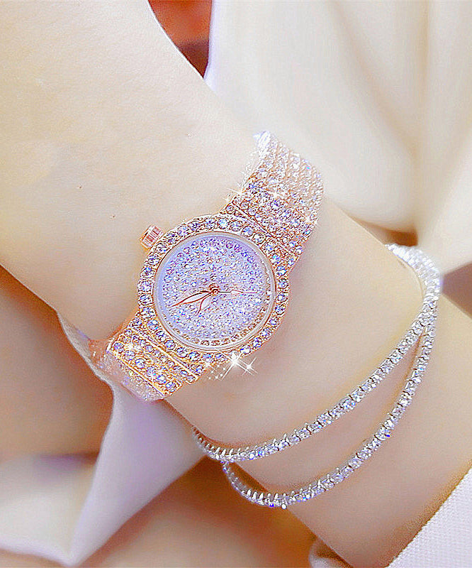 Stylish Rose Stainless Steel Zircon Tempered Glass Waterproof Watch