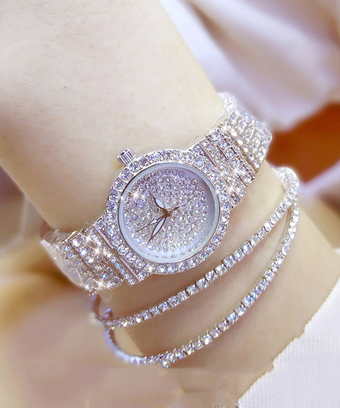 Stylish Rose Stainless Steel Zircon Tempered Glass Waterproof Watch