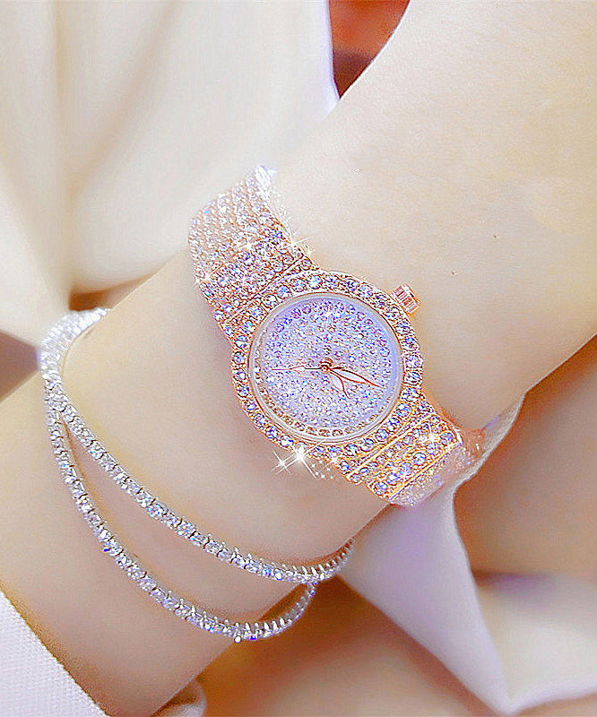 Stylish Rose Stainless Steel Zircon Tempered Glass Waterproof Watch