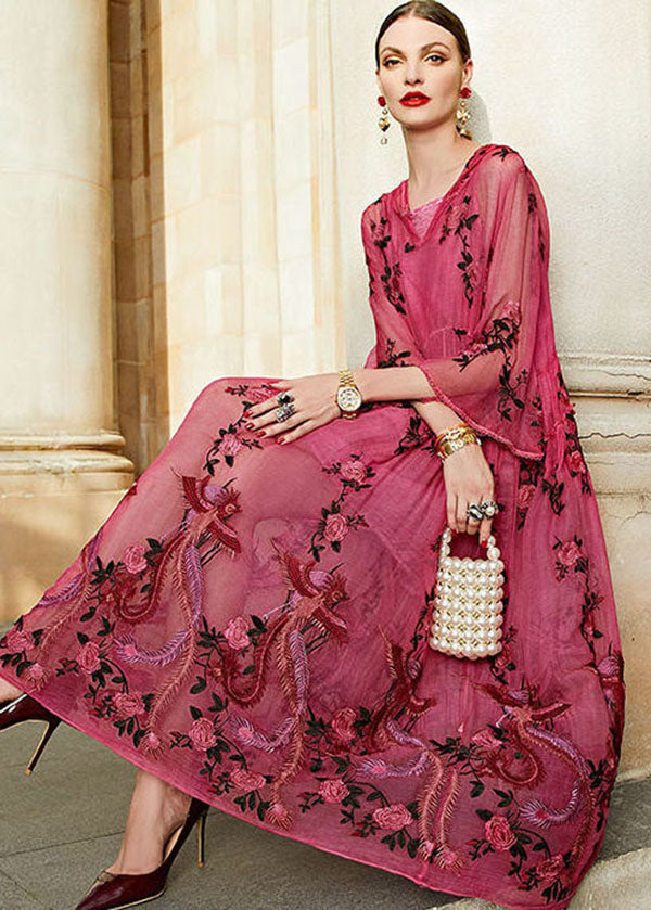 Stylish Rose V Neck Embroidered Hooded Silk Two Pieces Set Dresses