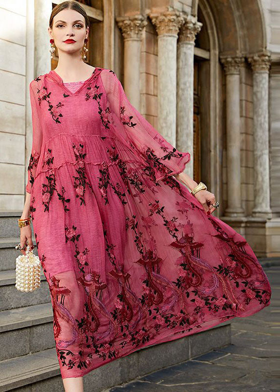 Stylish Rose V Neck Embroidered Hooded Silk Two Pieces Set Dresses