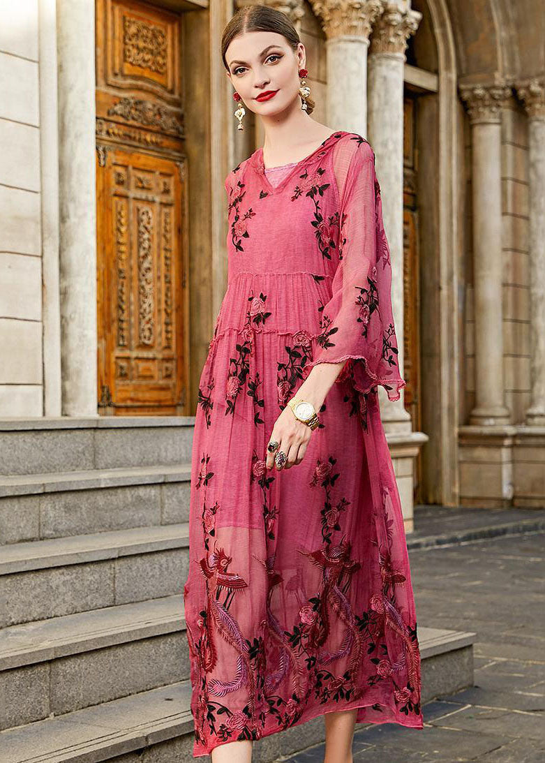 Stylish Rose V Neck Embroidered Hooded Silk Two Pieces Set Dresses