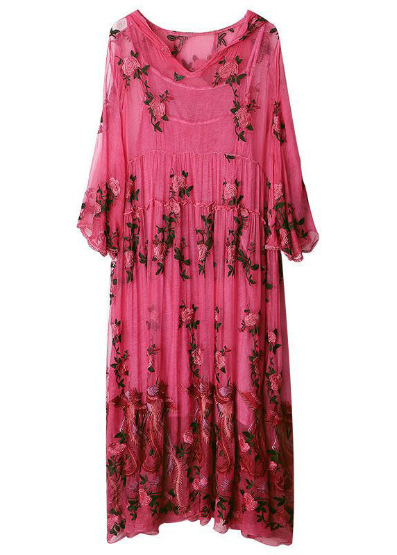 Stylish Rose V Neck Embroidered Hooded Silk Two Pieces Set Dresses