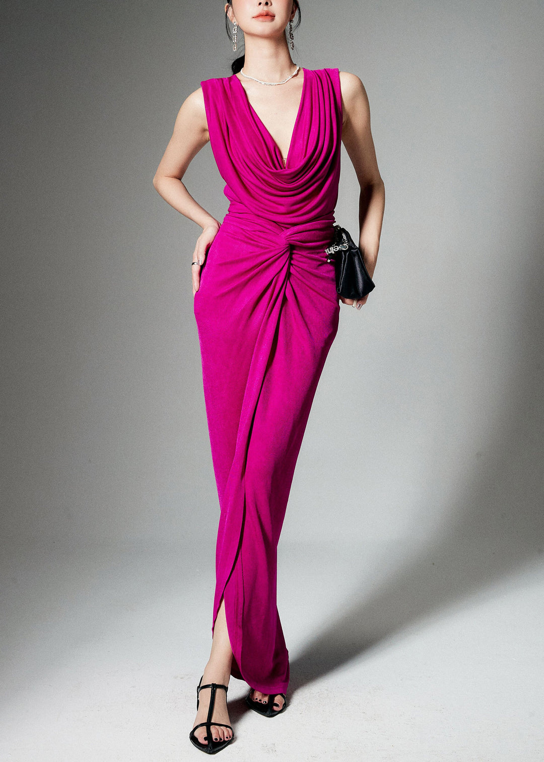 Stylish Rose Wrinkled Front Open Tops And Skirts Silk Two Pieces Set Sleeveless