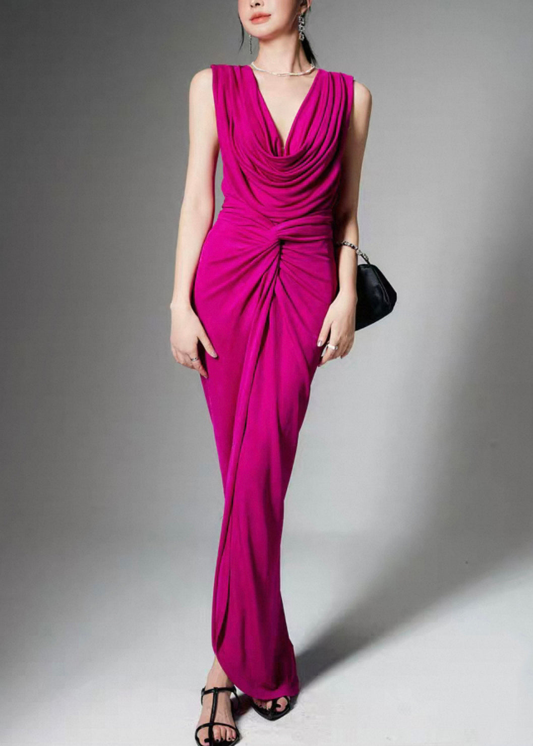 Stylish Rose Wrinkled Front Open Tops And Skirts Silk Two Pieces Set Sleeveless