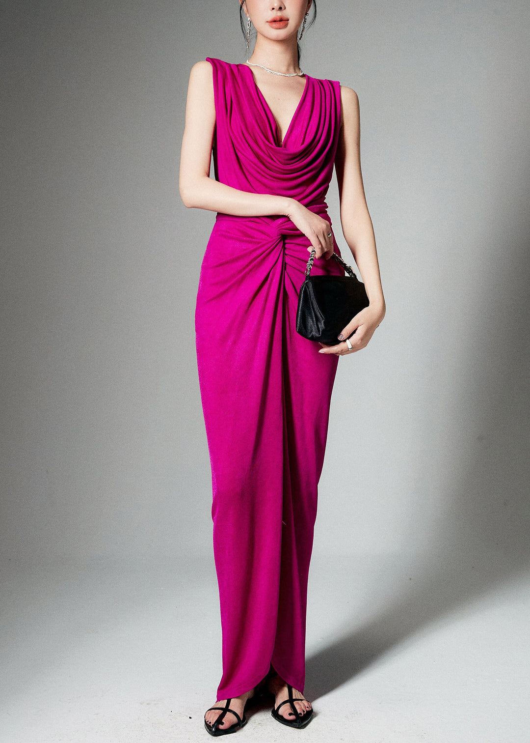 Stylish Rose Wrinkled Front Open Tops And Skirts Silk Two Pieces Set Sleeveless