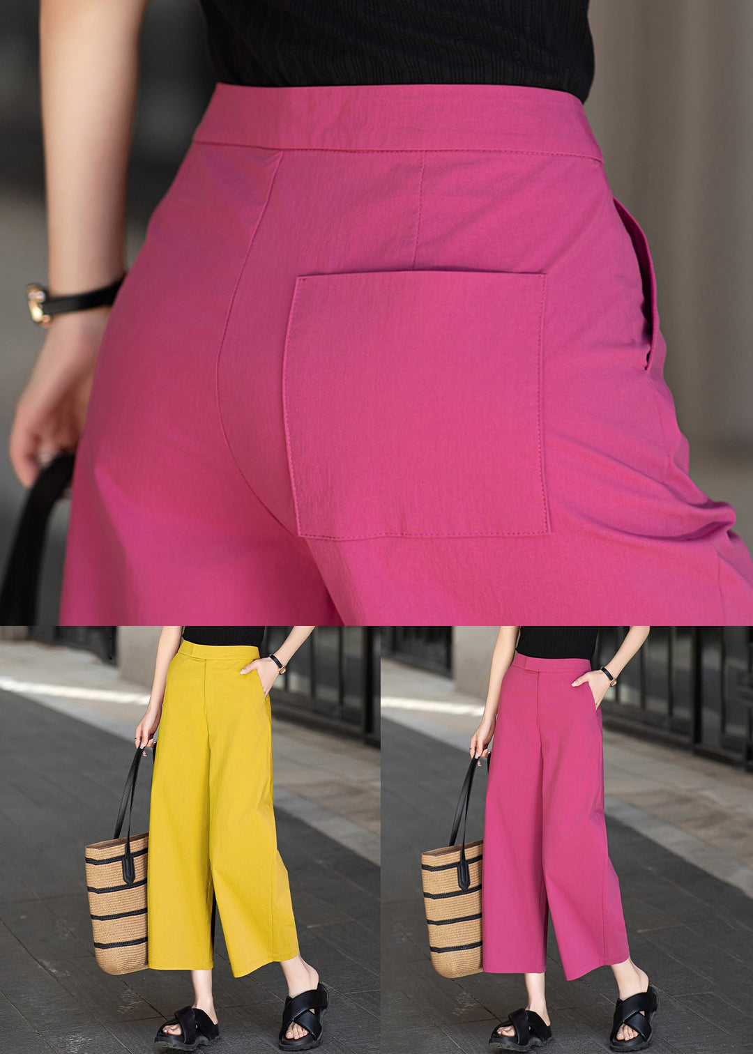 Stylish Rose Zippered Pockets High Waist Cotton Crop Pants Summer