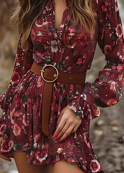 Stylish Ruffled Print Cotton Mid Dress Spring