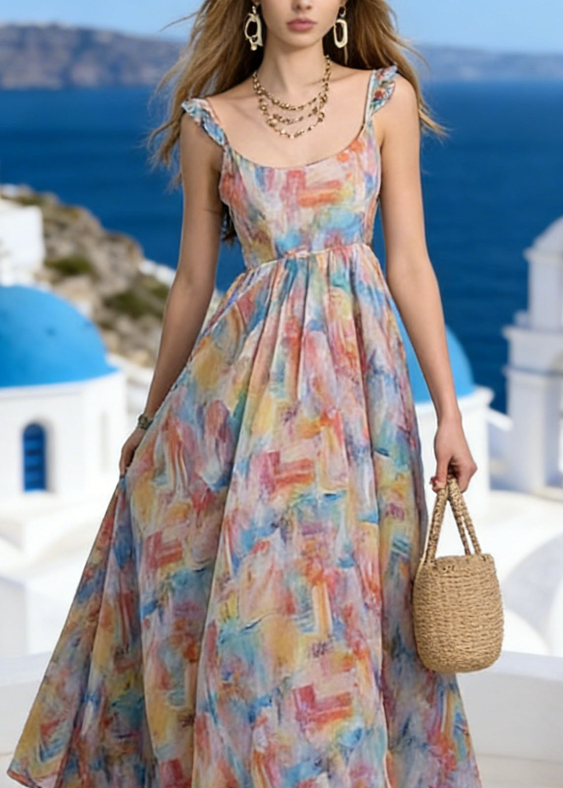 Stylish Ruffled Print Patchwork Chiffon Summer Dress - Omychic
