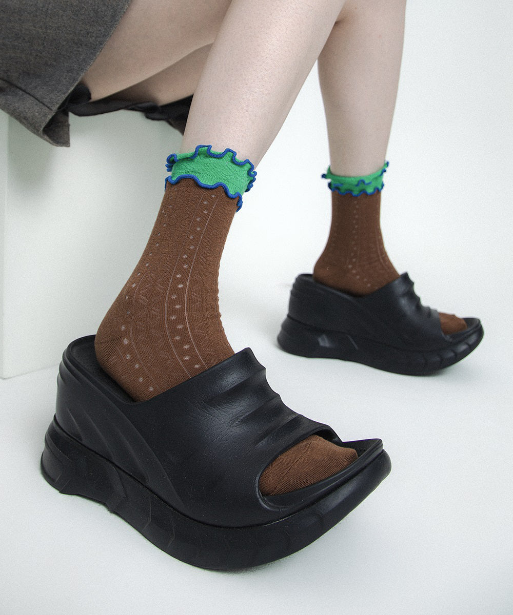Stylish Ruffles Patchwork Hollow Out Cotton Mid Calf Socks
