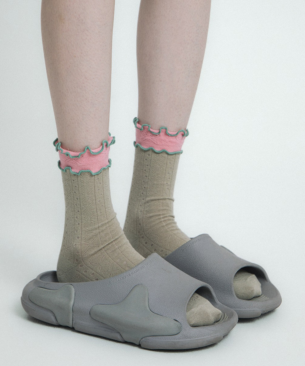 Stylish Ruffles Patchwork Hollow Out Cotton Mid Calf Socks