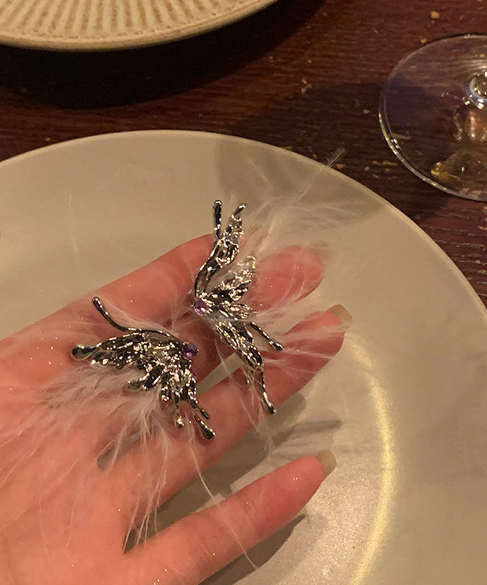 Stylish Silk Alloy Butterfly Feather Stud Earrings