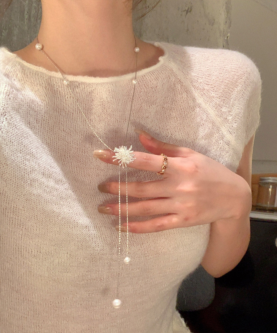 Stylish Silk Alloy Fireworks Pearl Withdrawable Tassel Lariat Necklace