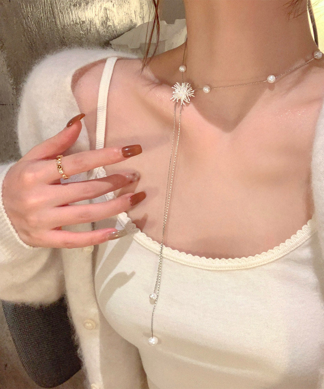 Stylish Silk Alloy Fireworks Pearl Withdrawable Tassel Lariat Necklace