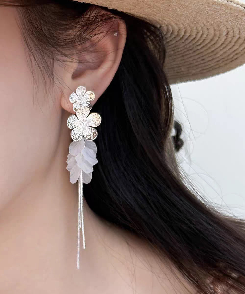 Stylish Silk Alloy Zircon Floral Tulle Patchwork Tassel Drop Earrings