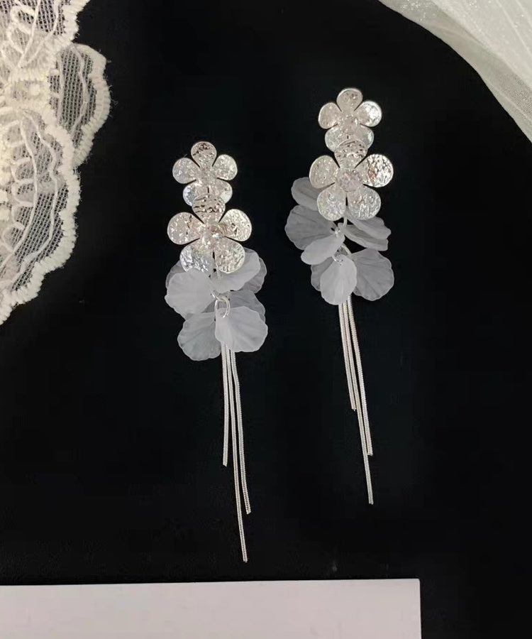 Stylish Silk Alloy Zircon Floral Tulle Patchwork Tassel Drop Earrings