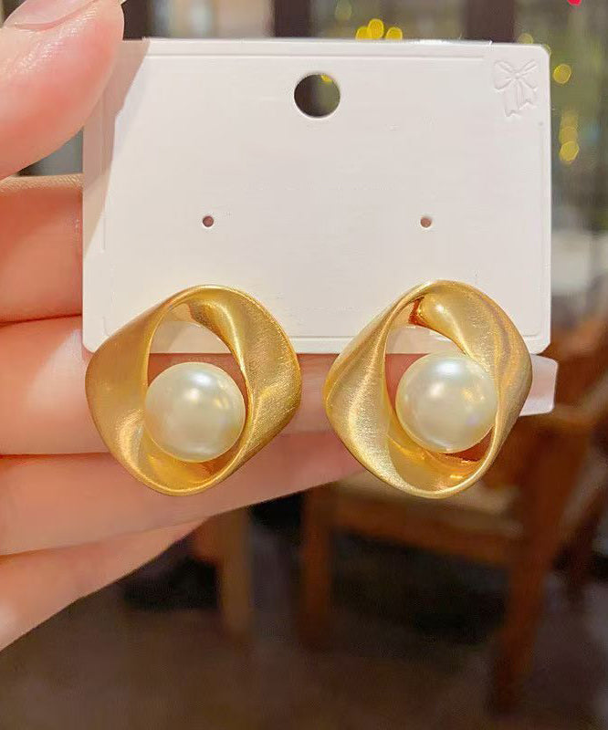 Stylish Silk Copper Overgild Pearl Stud Earrings