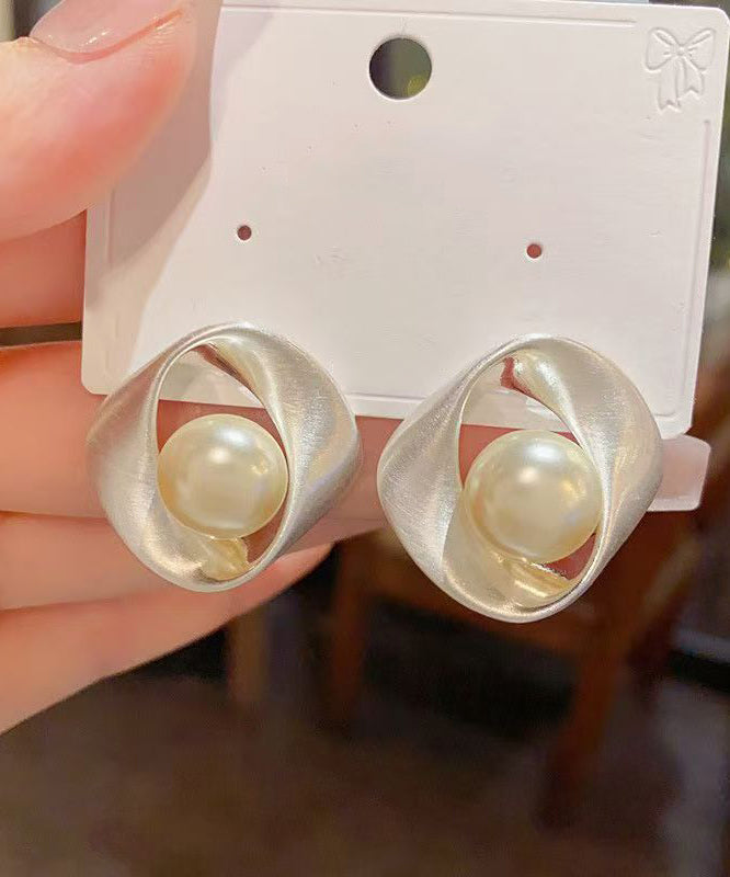 Stylish Silk Copper Overgild Pearl Stud Earrings