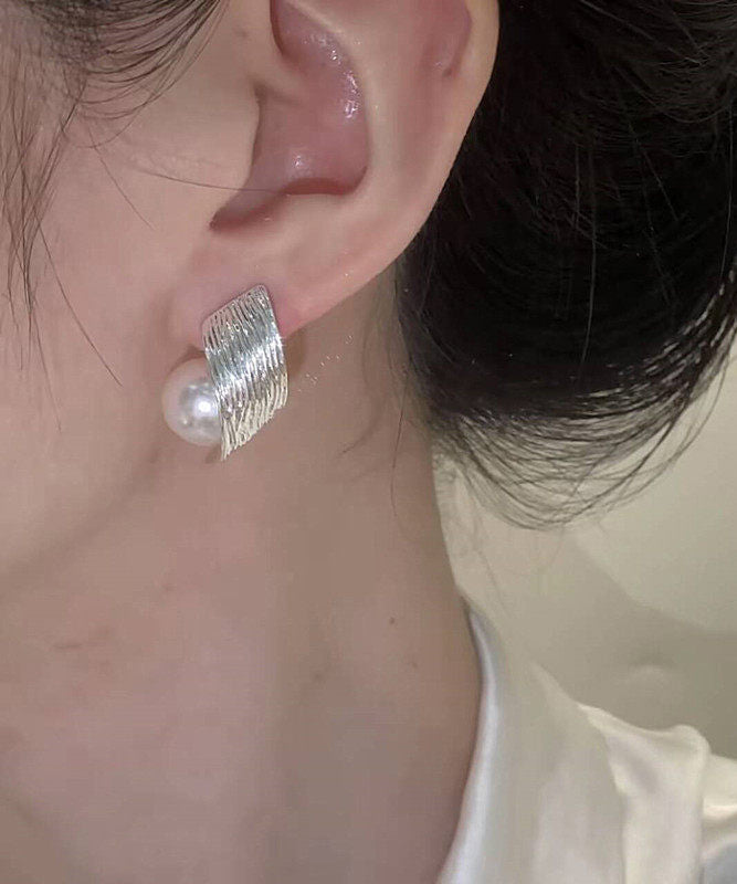 Stylish Silk Spiral Wire Drawing Pearl Silver Plated Stud Earrings