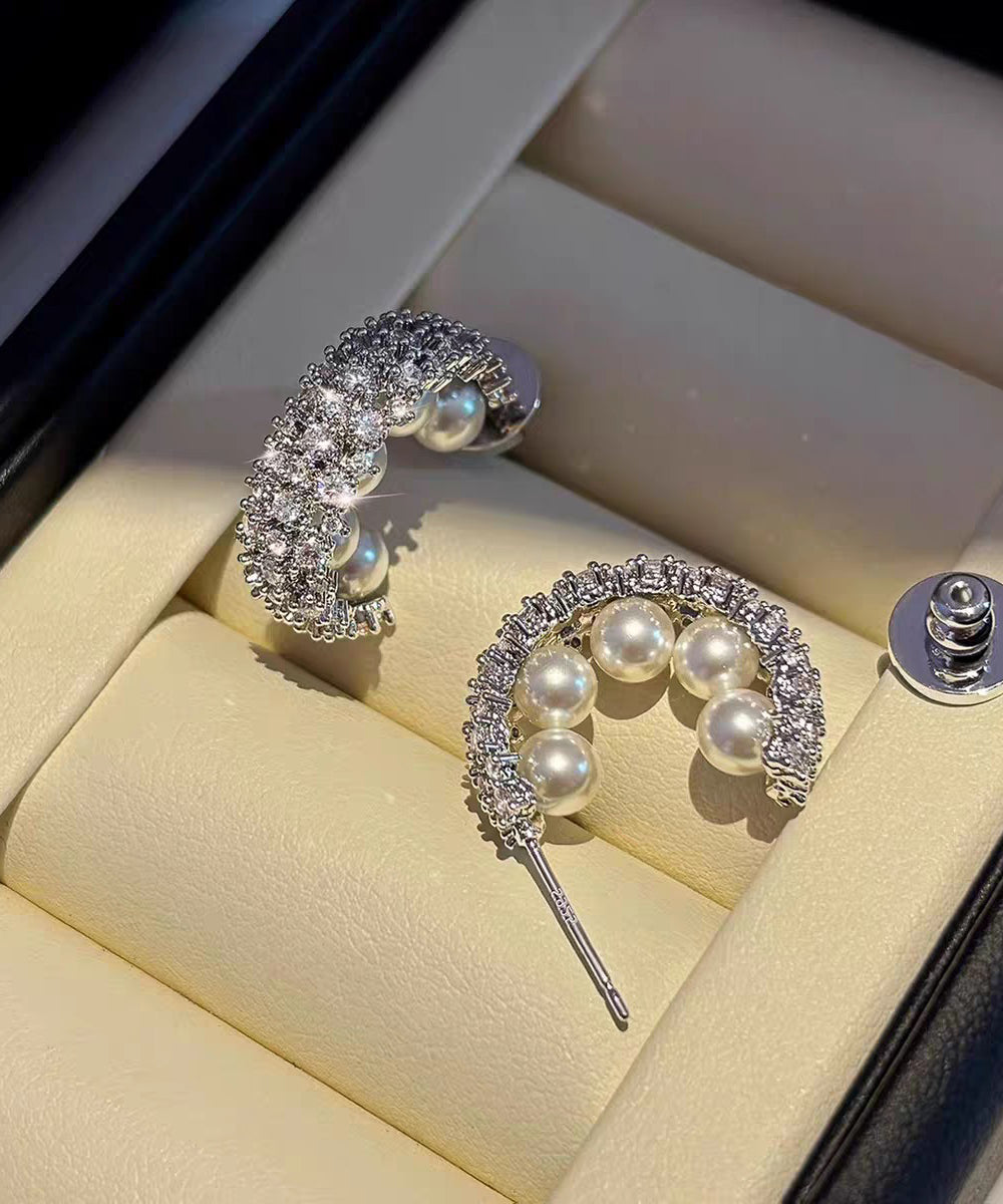 Stylish Silk Sterling Silver Zircon Pearl Hoop Earrings