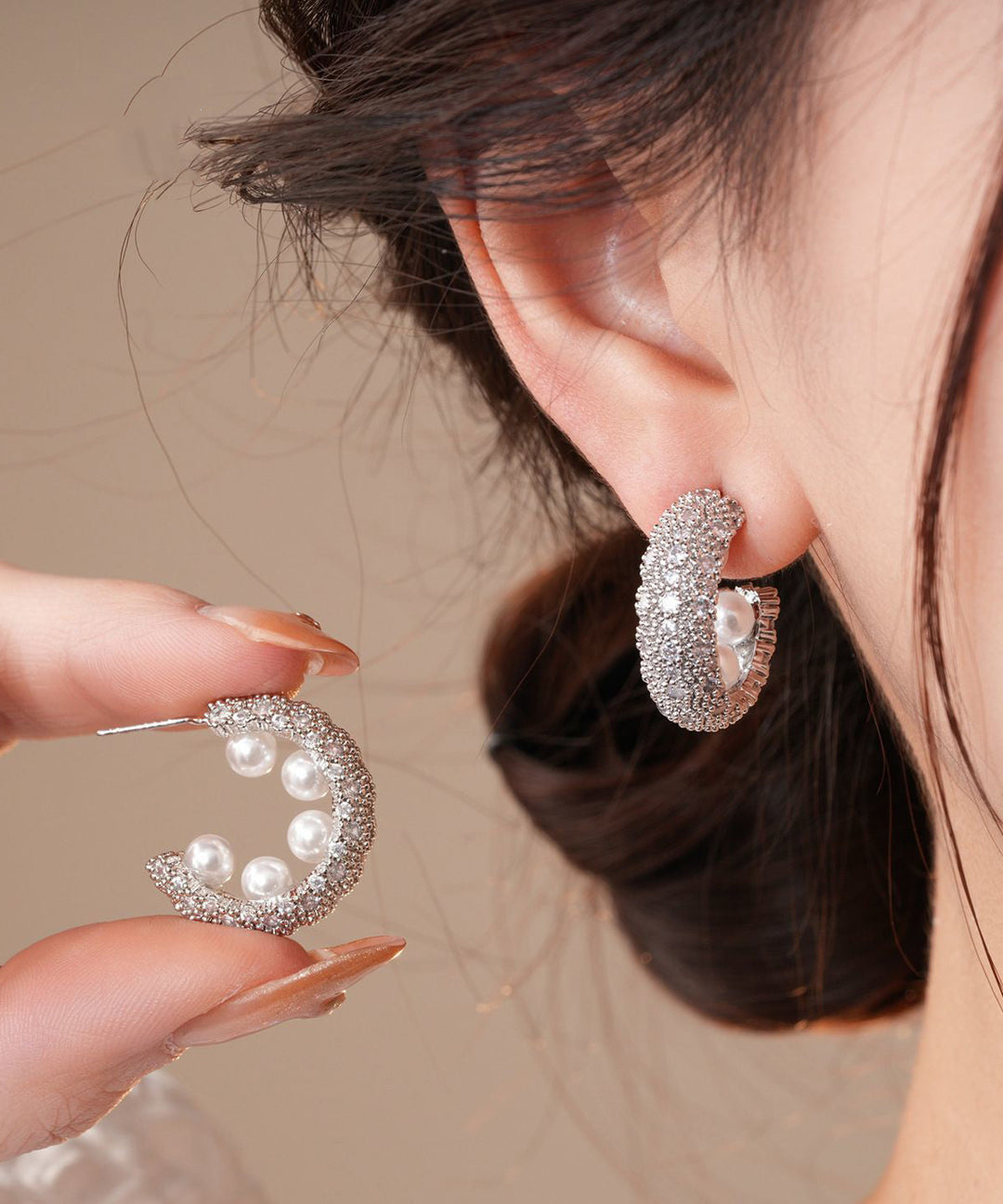 Stylish Silk Sterling Silver Zircon Pearl Hoop Earrings