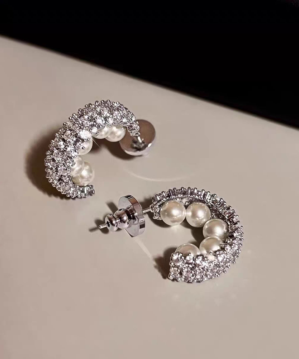 Stylish Silk Sterling Silver Zircon Pearl Hoop Earrings