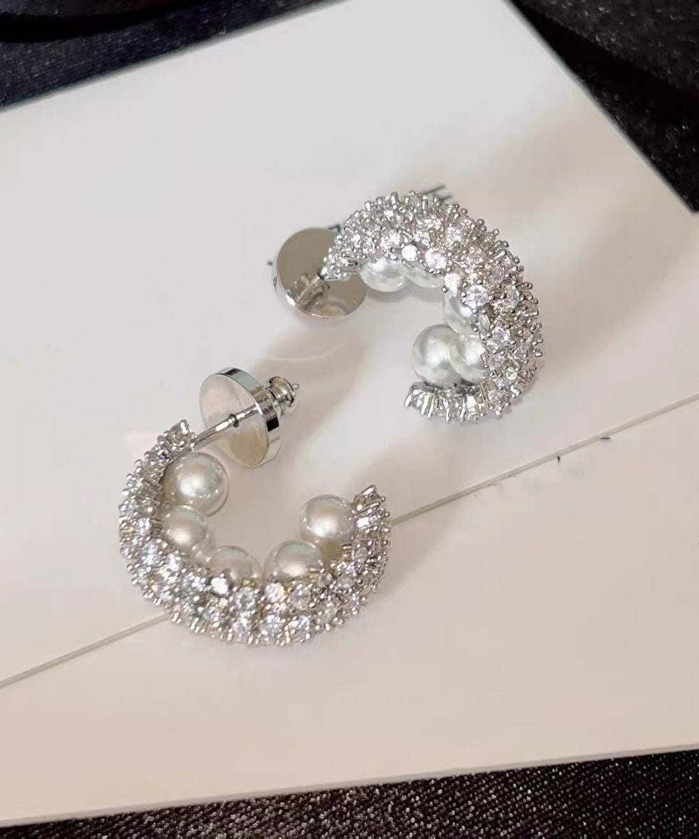 Stylish Silk Sterling Silver Zircon Pearl Hoop Earrings