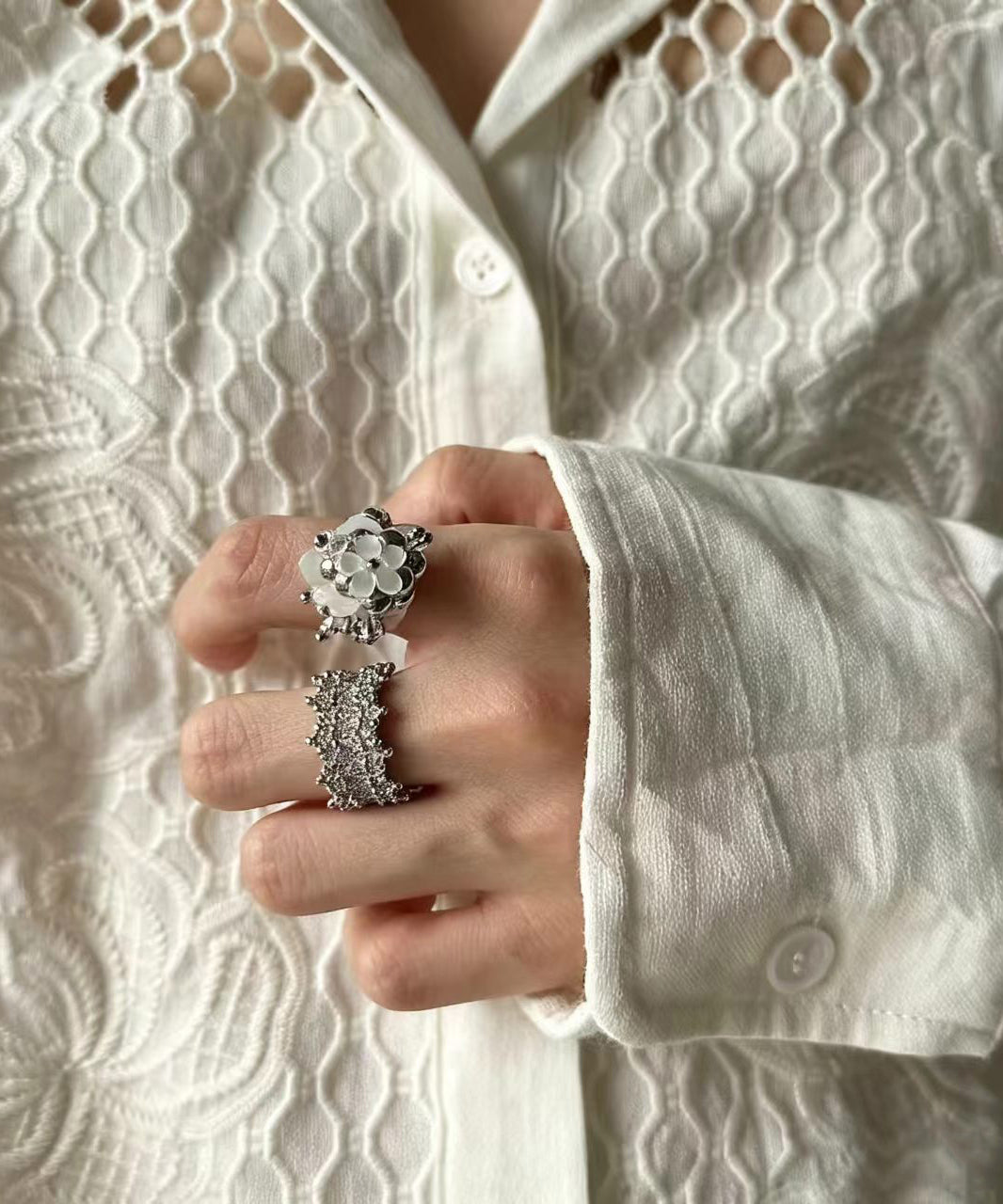 Stylish Silk Titanium Stee Floral Beading Stretch Rings Two Piece Set