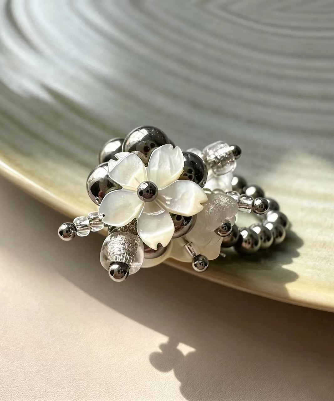 Stylish Silk Titanium Stee Floral Beading Stretch Rings Two Piece Set