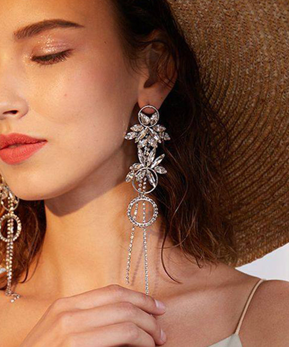 Stylish Silk Zircon Tassels Exaggeration Silver Drop Earrings