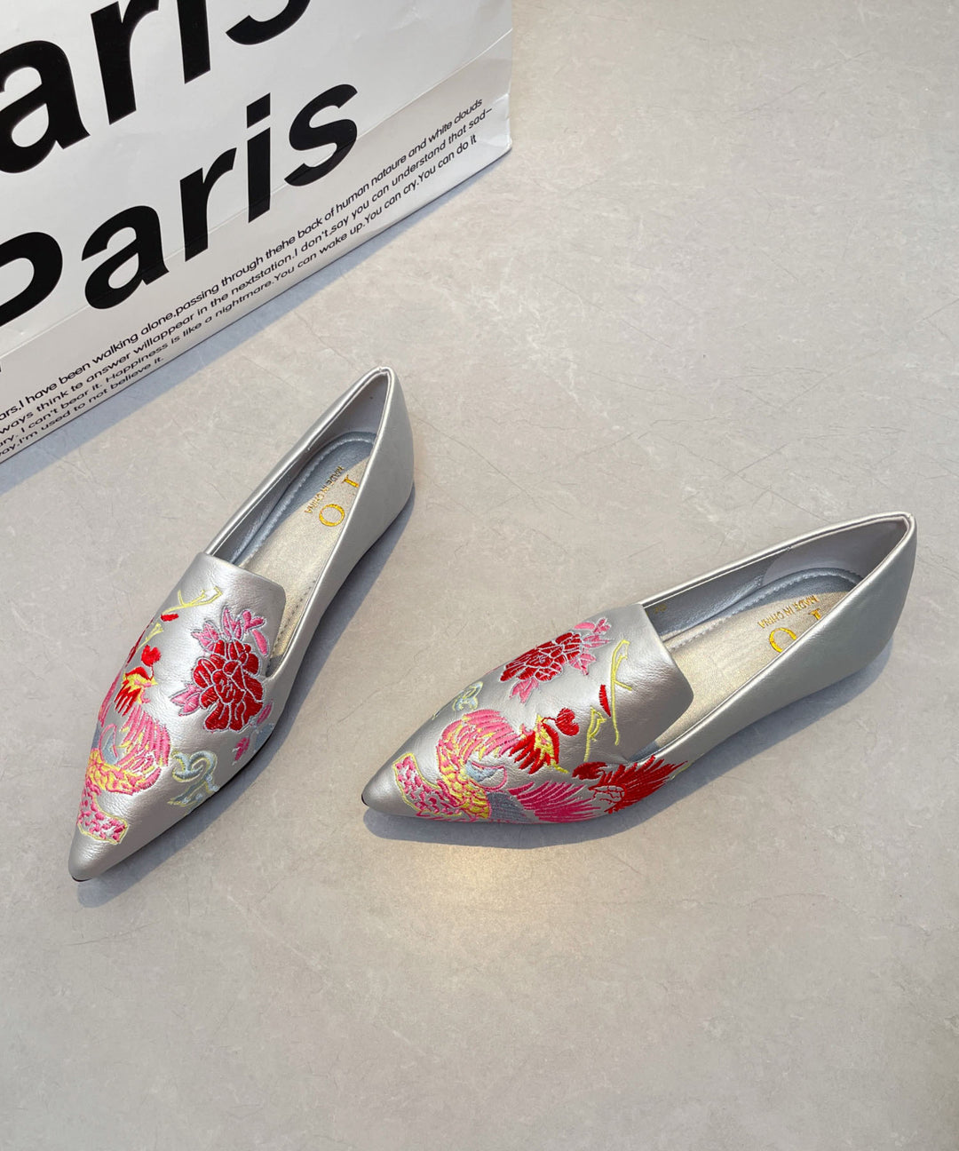 Stylish Silver Faux Leather Embroidered Flat Shoes Pointed Toe