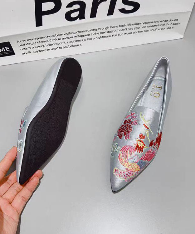 Stylish Silver Faux Leather Embroidered Flat Shoes Pointed Toe