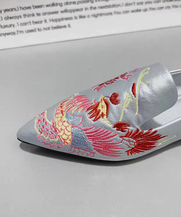 Stylish Silver Faux Leather Embroidered Flat Shoes Pointed Toe